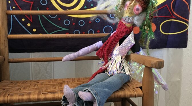 Art doll of character in the Jenni Mansfield Peal song The Hippie of White Rock Lake